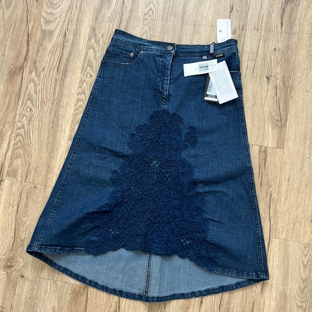 Gianfranco Ferre Vtg Denim Skirt Midi HiLo Stretch Sz 40